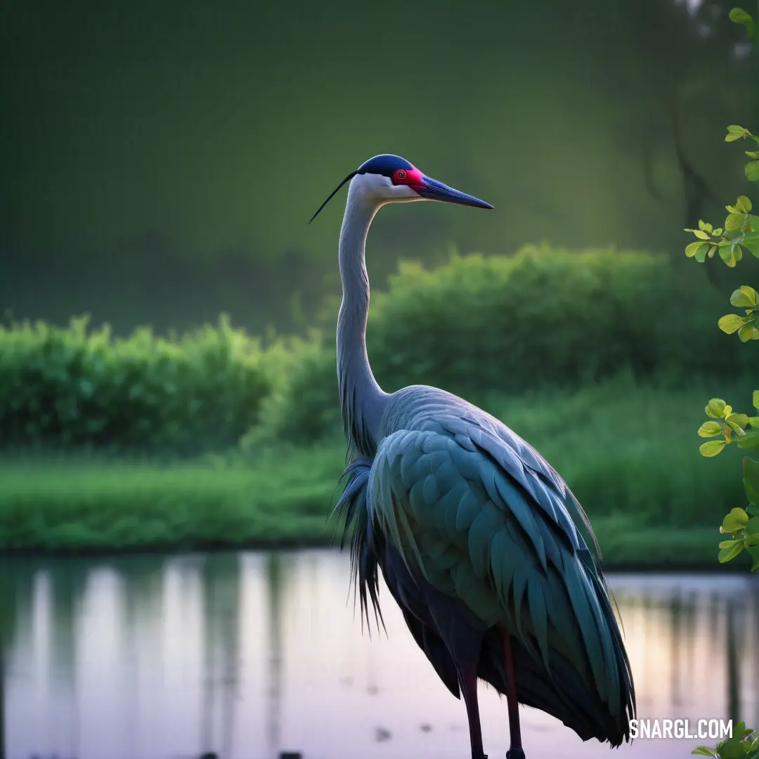 Large Crane standing on top of a body of water next to a forest filled with trees and bushes