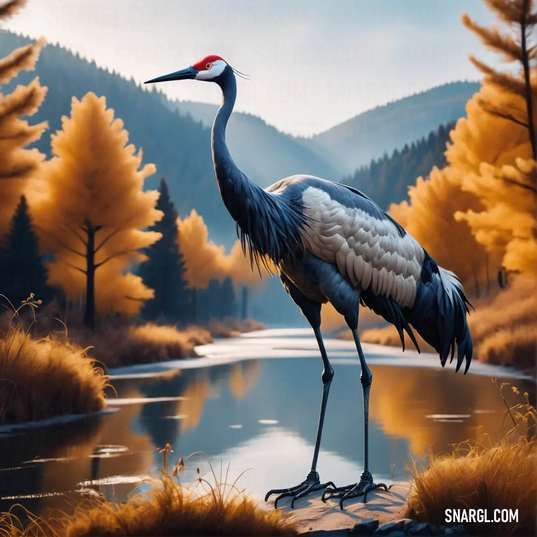 Painting of a crane standing on a rock near a lake and mountains in the background