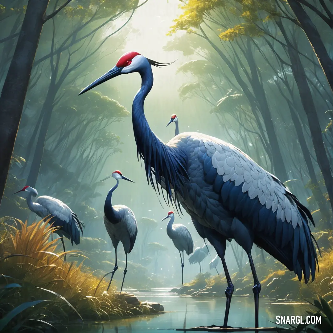 Painting of a group of birds standing in a forest next to a river and trees with red tops