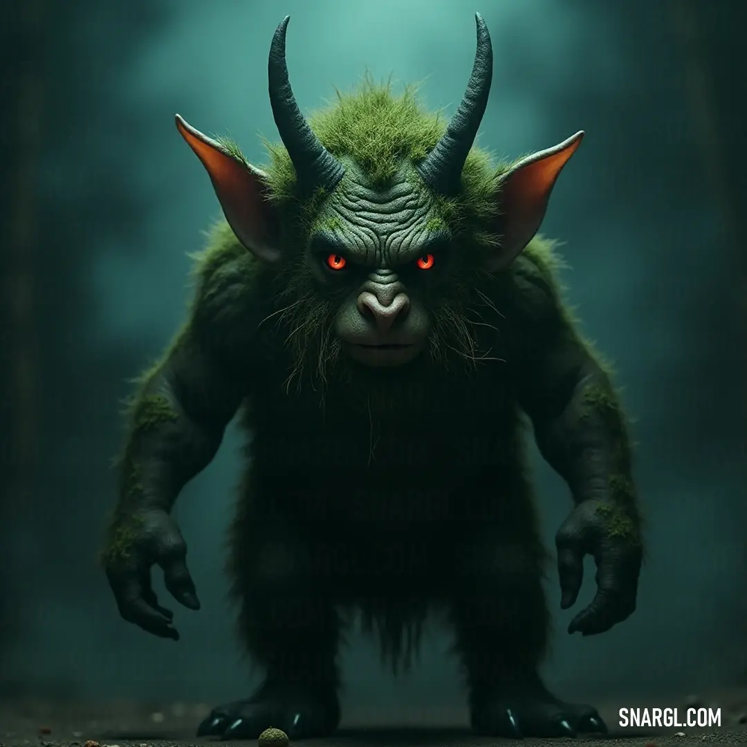 In a dark forest, Cranky stands tall with glowing red eyes and striking horns. A magical light shines behind him, enhancing the atmospheric tension of the haunting woods, leaving an impression of intrigue and wonder in the air.