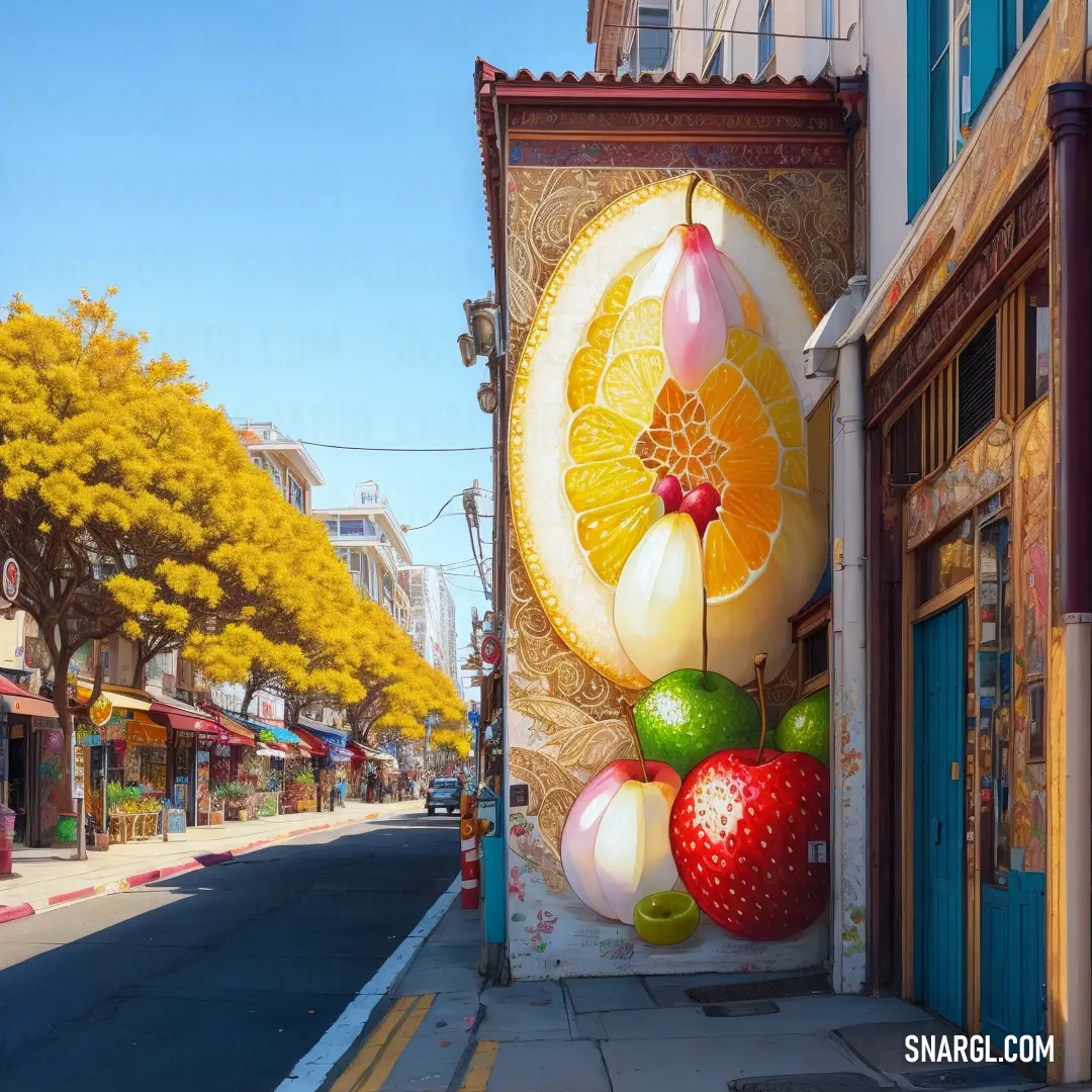 Building with a large mural of fruit on the side of it's side walk and a street