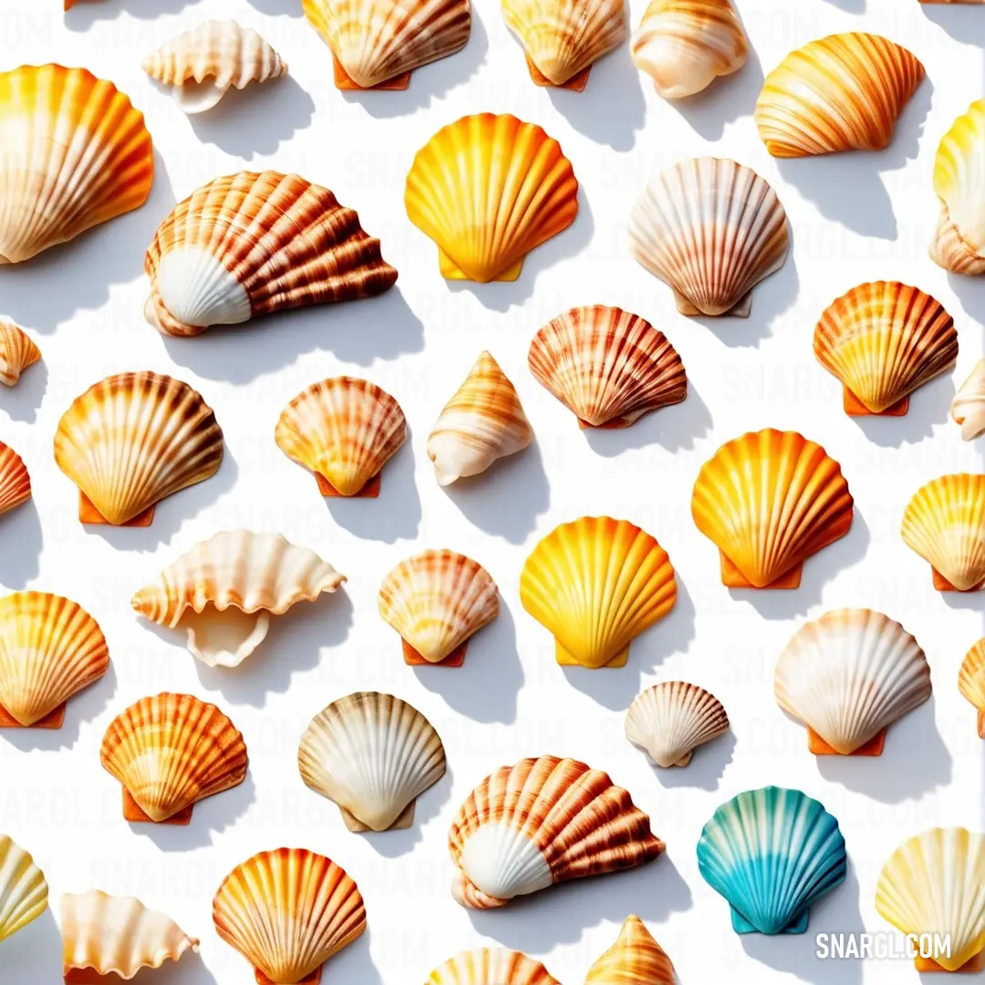 Group of sea shells on a white surface with shadows on the wall behind them. Color #FFFDD0.