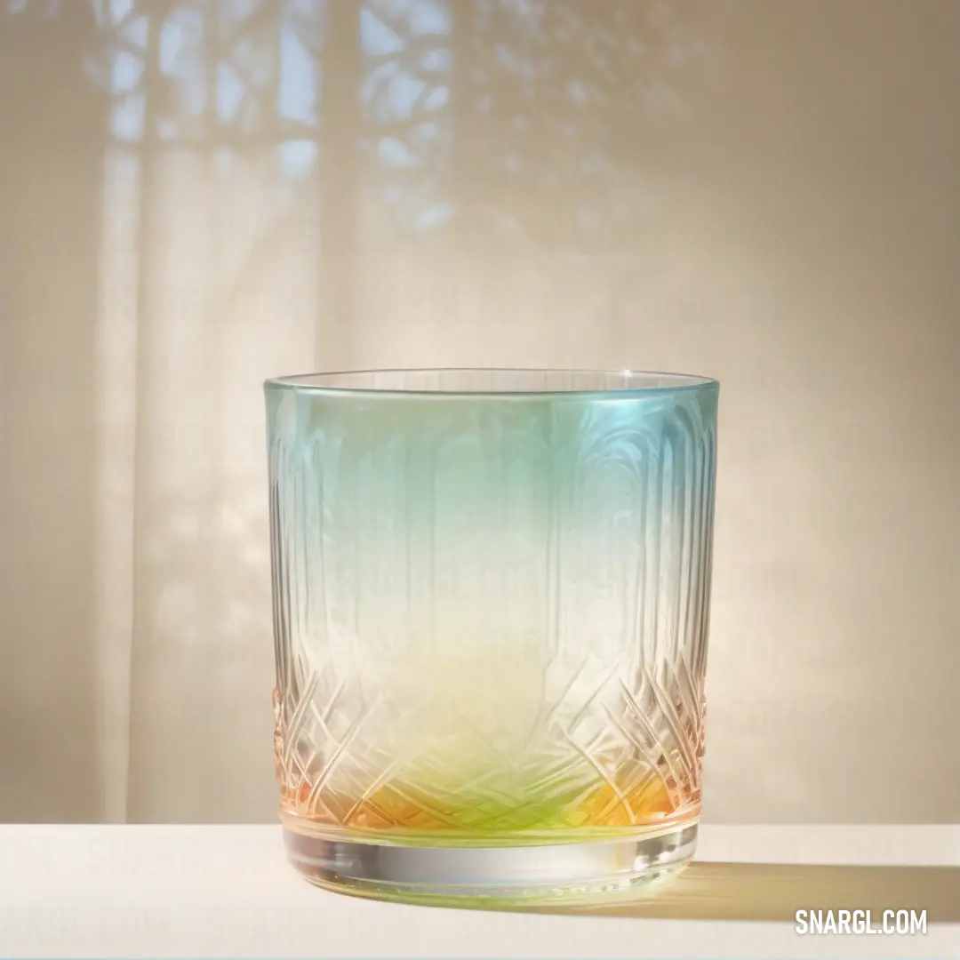 Glass with a blue and yellow design on it on a table in front of a window with a curtain. Color RGB 255,253,208.
