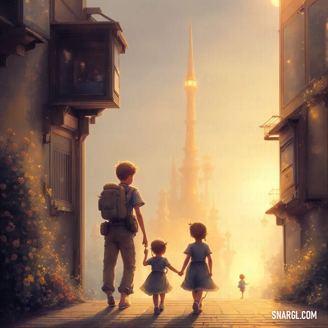 Man and two children walking down a street in front of a tall building with a spire on top