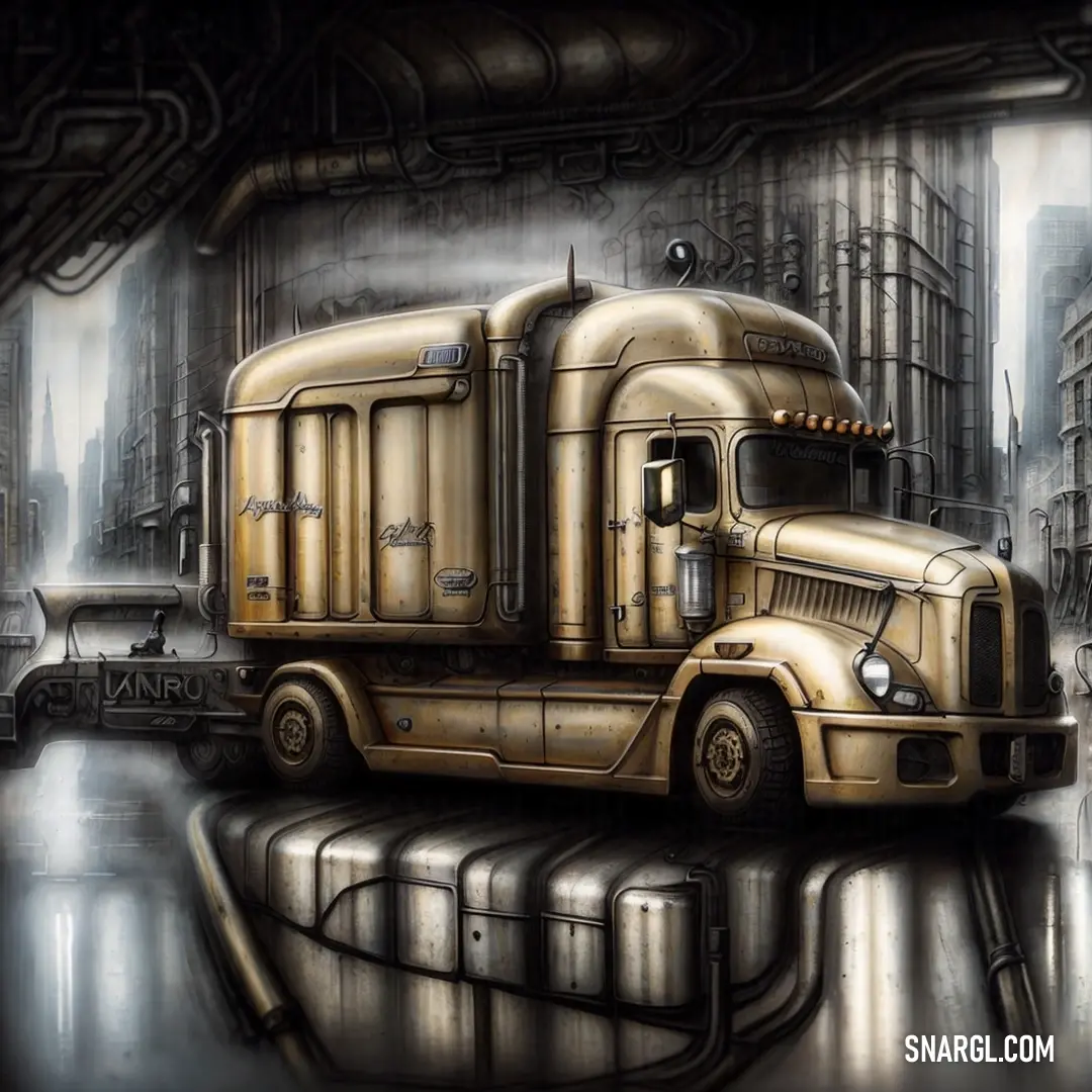 Painting of a truck in a city setting with a reflection of the truck in the water below it. Color #FFFDD0.