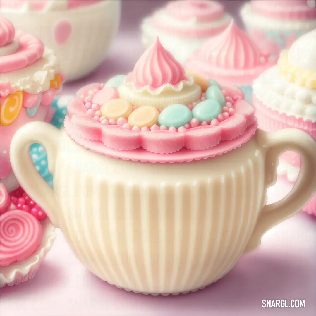 Tea cup with a pink and white top and a pink and white cup  and a pink and white cup