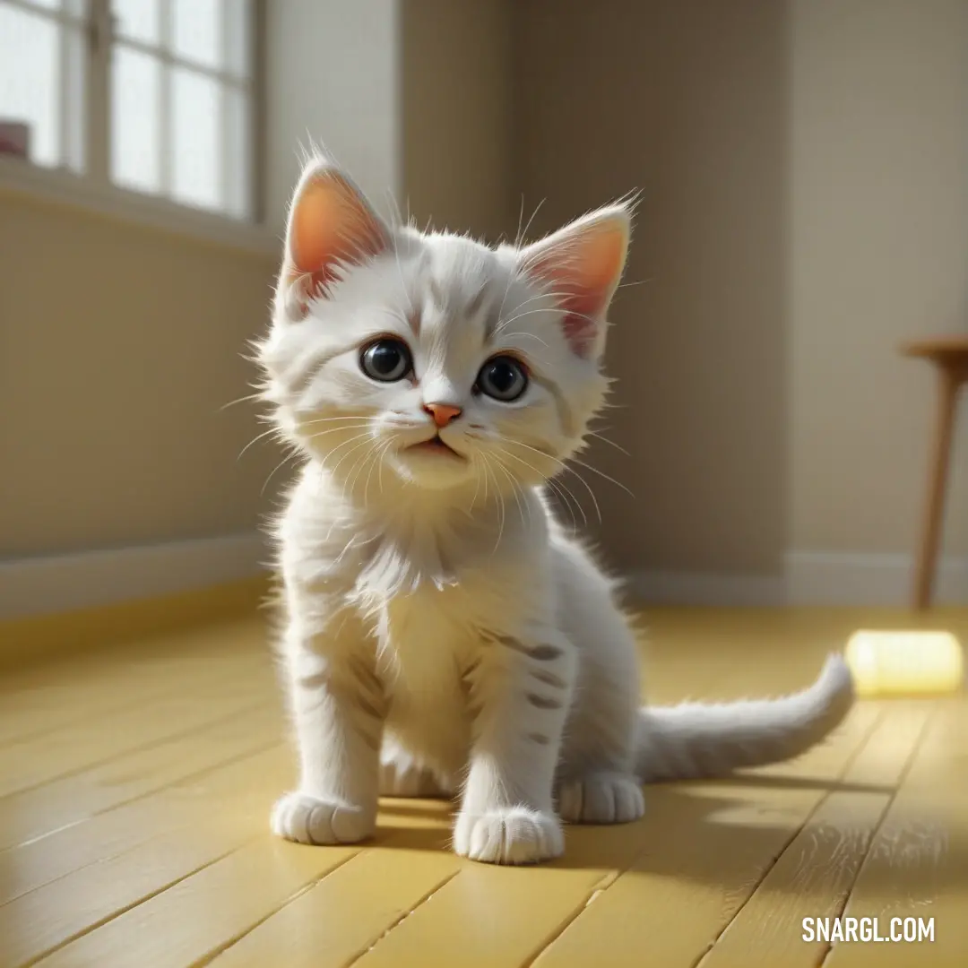 White kitten on a wooden floor looking at the camera with a sad look on its face and eyes