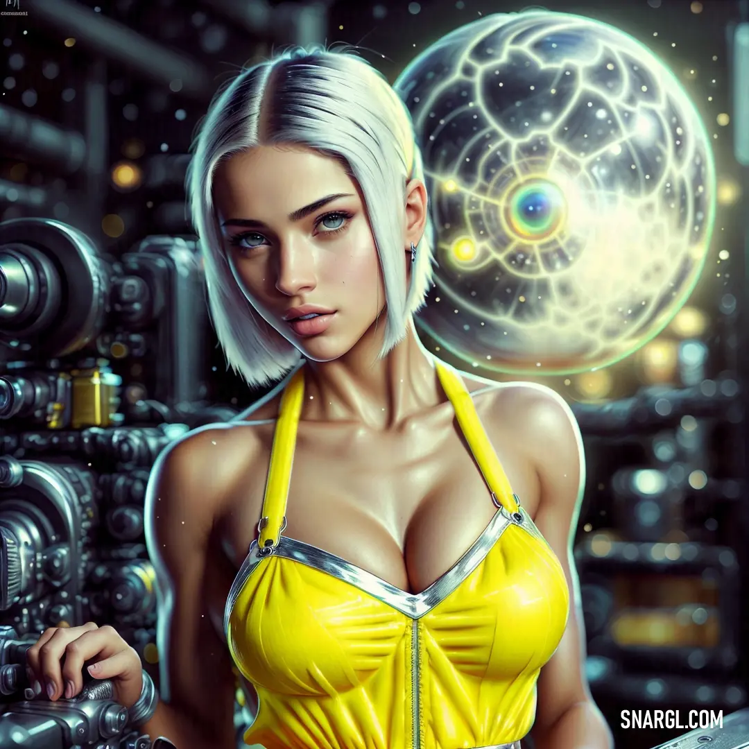 Woman in a yellow dress standing in front of a machine with a sphere in the background and a camera in the foreground