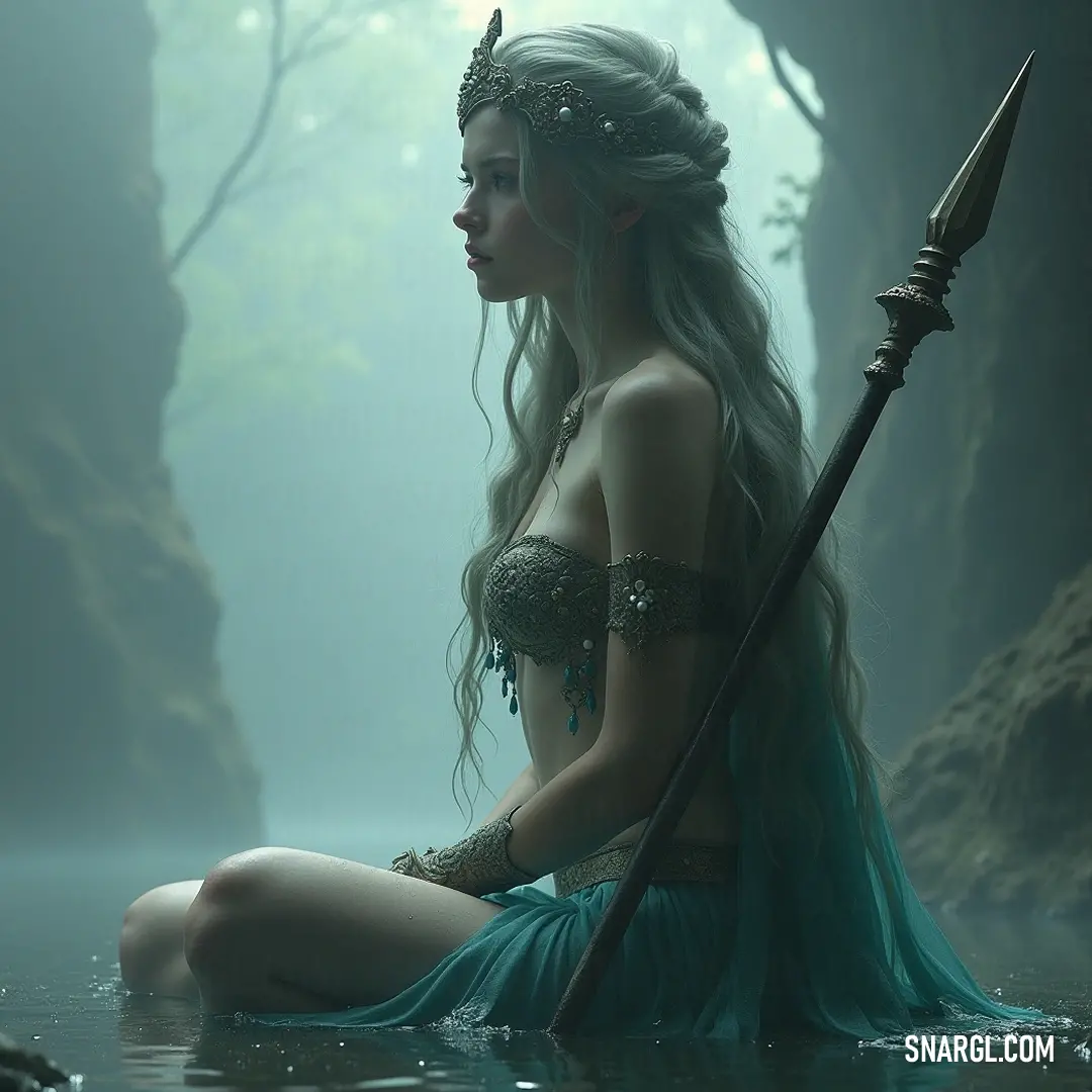 A regal figure in a shimmering blue dress wields a spear while floating on calm waters, gracefully adorned with a crown, exuding an aura of strength and serenity. Amidst the serene waters, a regal figure adorned in a shimmering blue dress wields a spear elegantly, crowned with grace, radiating an aura of strength and beauty that reflects in the gentle ripples around her.