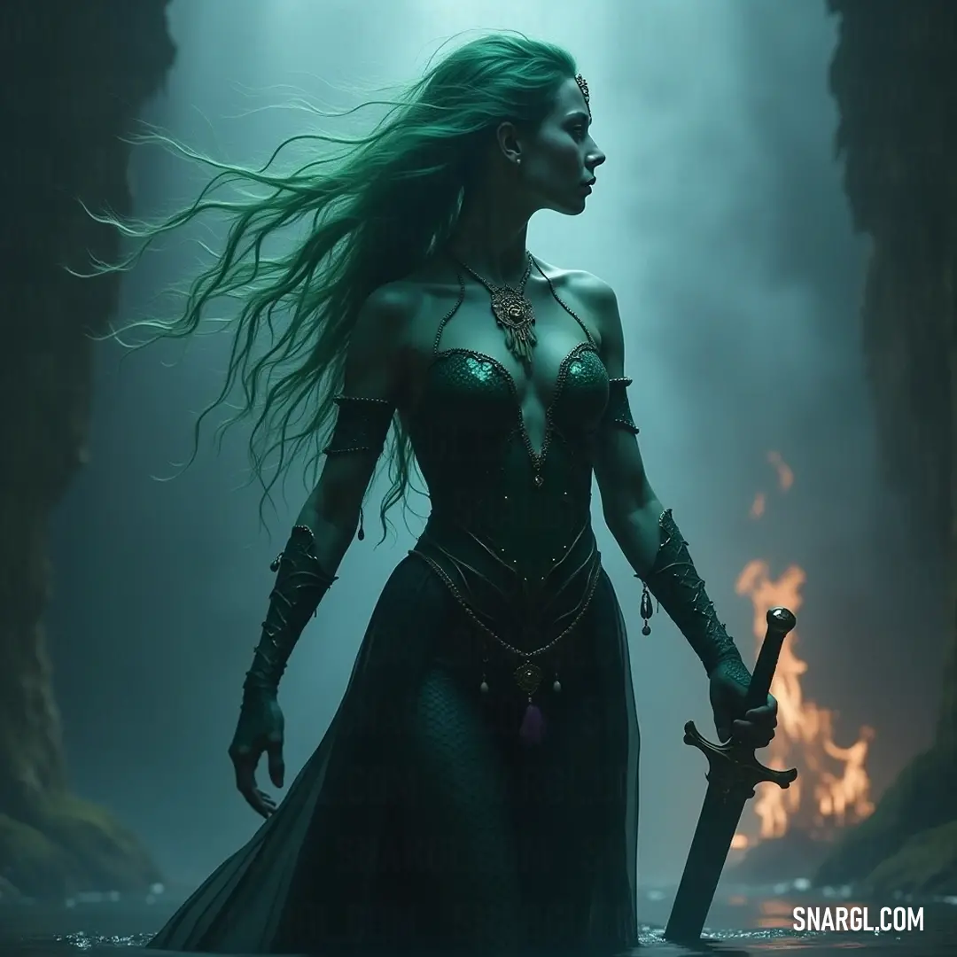 An enchanting portrayal of Cressida in a green dress wielding a sword, boldly illuminated by firelight in an atmospheric, mysterious cave. Cressida dons a captivating green dress as she holds a sword in a dark and mystical cave aglow with fiery illumination. The interplay of shadows and light adds drama to the scene, highlighting her fierce determination amidst an atmosphere rich with intrig