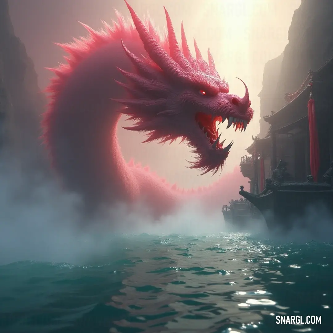 Mesmerizing Red Crested Sea Dragon floating near a boat in tranquil ocean waters. A mesmerizing Red Crested Sea Dragon floats gracefully in the ocean's tranquil embrace, drawing near to a boat, its vibrant colors captivating anyone lucky enough to witness this surreal encounter.