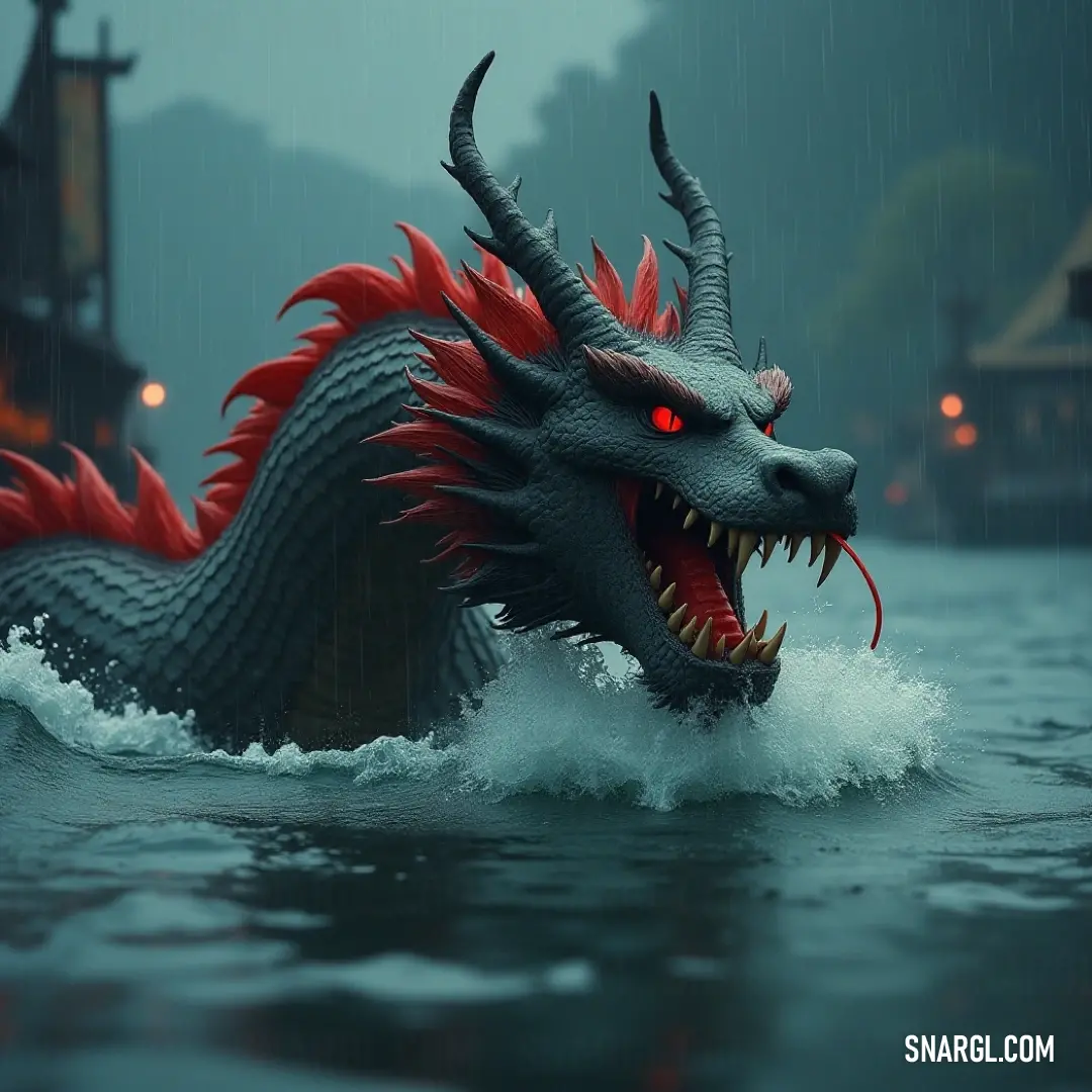 Crested Sea Dragon statue rising from the water, captivating with fierce red eyes and a regal crown. A splendid Crested Sea Dragon statue emerges from the tranquil waters, its fierce red eyes and a striking crown on its head commanding attention, embodying mythical strength and allure.