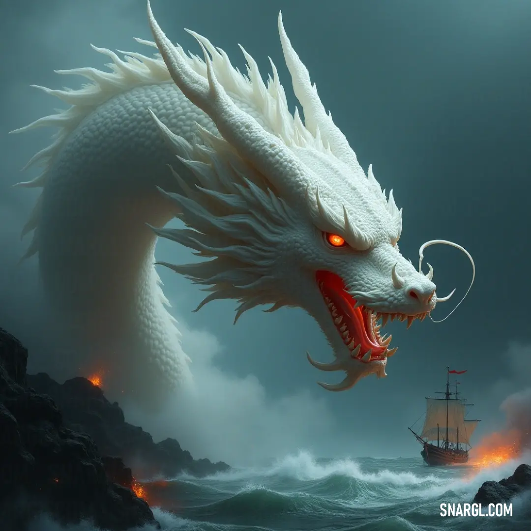 Mysterious White Crested Sea Dragon swimming with a boat, captivating with its elegance. A mysterious White Crested Sea Dragon glides through the shimmering waters, its piercing red eyes reflecting the sunlight as it explores the depths alongside a boat, embodying a captivating enigma.