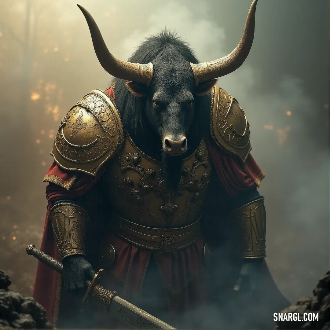 A mighty Cretan Bull, sword in hand and armored, stands tall in a foggy forest, his horns sharp and ready for the coming conflict. A Cretan Bull, armored and formidable, grips a sword in a fog-shrouded forest, the eerie smoke swirling behind him. His horns rise high as he prepares for battle in the misty depths of the forest.