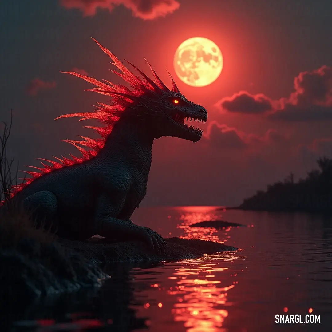 Majestic Crimson Basilisk Statue on a Rock by Moonlit Waters A mystical Crimson Basilisk statue rests majestically on a rocky outcrop, its formidable form illuminated by the luminescent glow of a full moon casting enchanting reflections on the still water surrounding it.