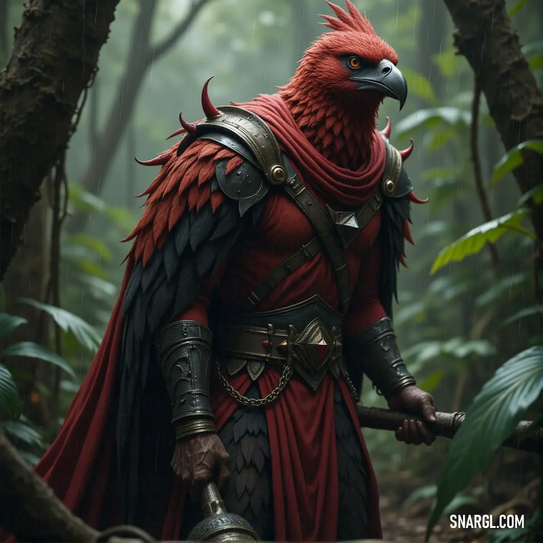 Crimson Garuda in a red and black costume, with a bird on his shoulder, standing in a bold pose. Crimson Garuda, draped in a red and black costume, stands with a bird perched upon his shoulder. His fierce gaze and commanding posture reflect a warrior's heart, preparing for the next move in his mission.