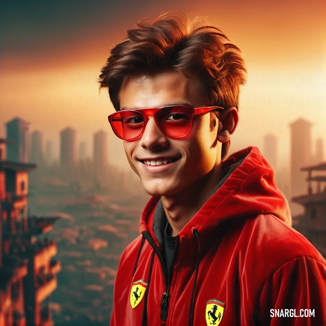 Crimson glory color. Man wearing red sunglasses and a red jacket in front of a city skyline with a red ferrari logo