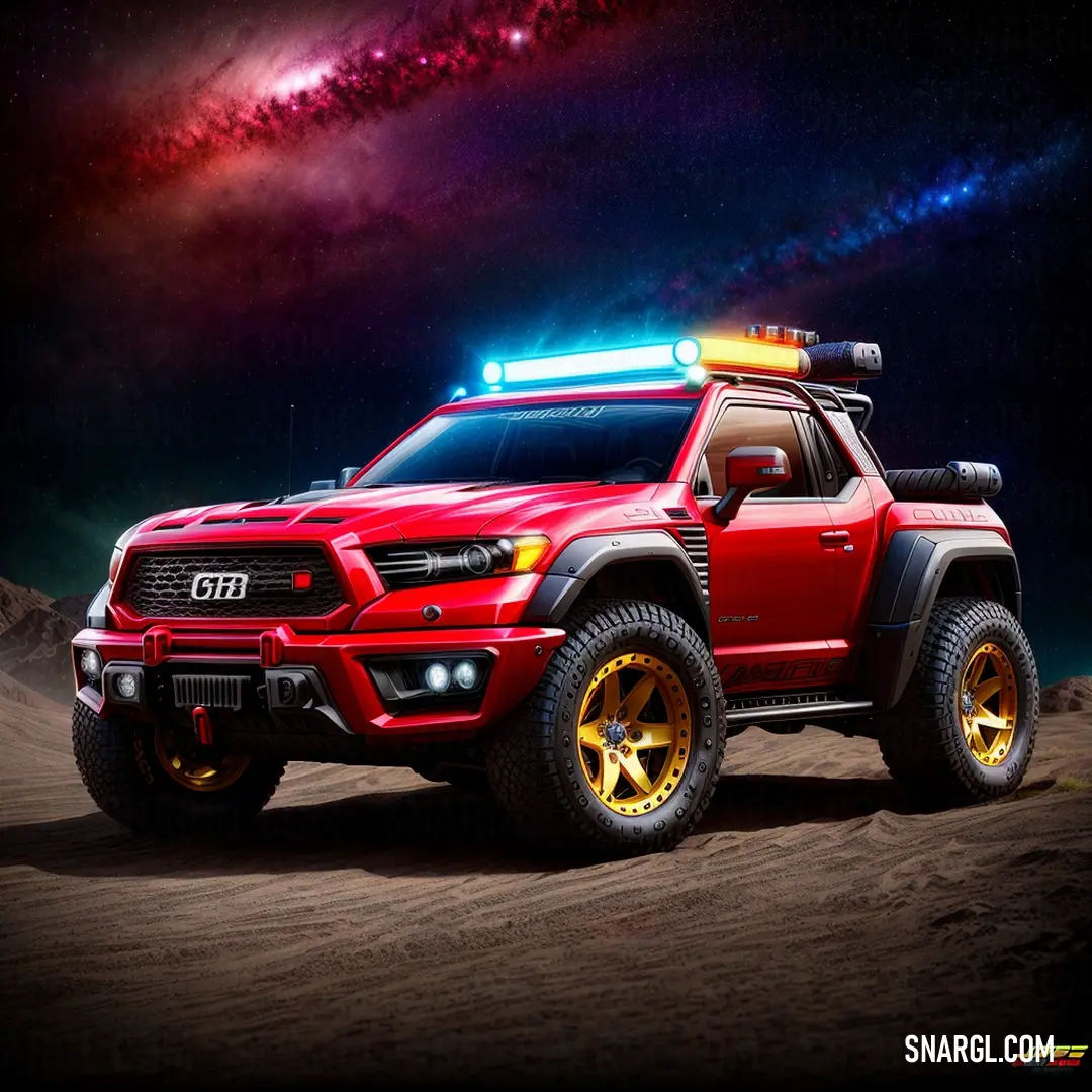 Red truck with a light on top of it's roof in the desert with a galaxy in the background. Example of CMYK 0,100,74,25 color.