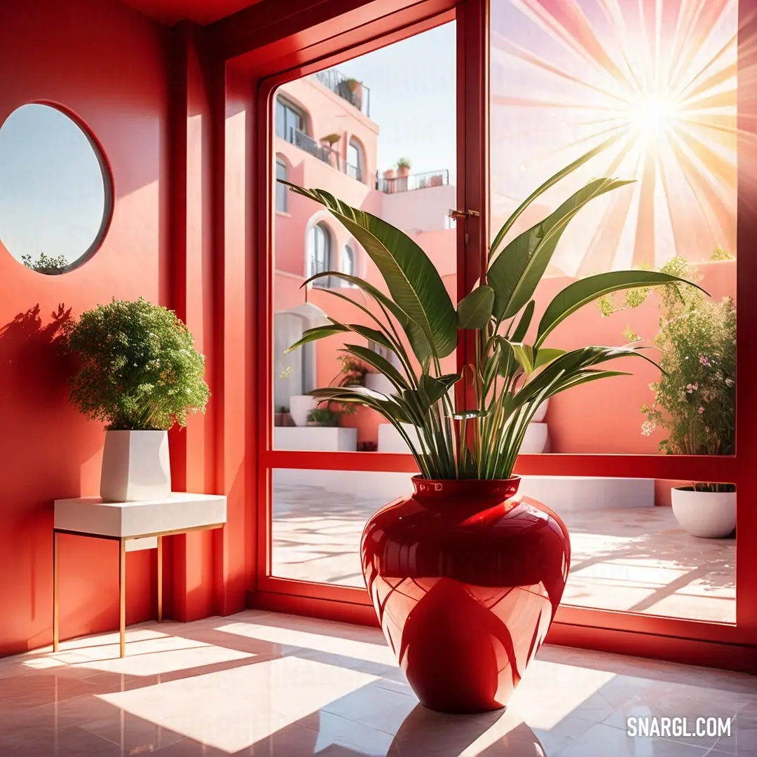 Red vase with a plant in it in front of a window with a sun shining through it. Color RGB 190,0,50.