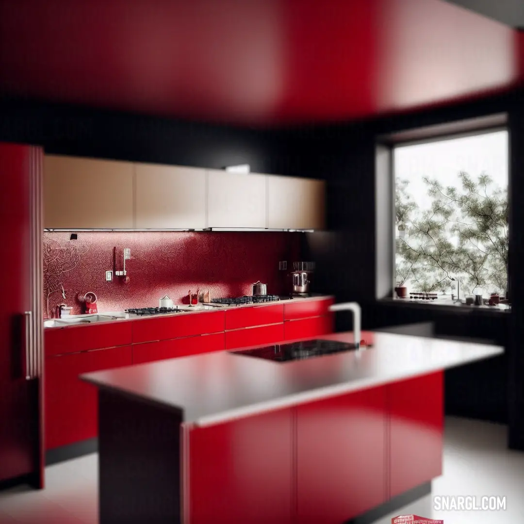 Kitchen with a sink and a window in it's center area. Color CMYK 0,100,74,25.