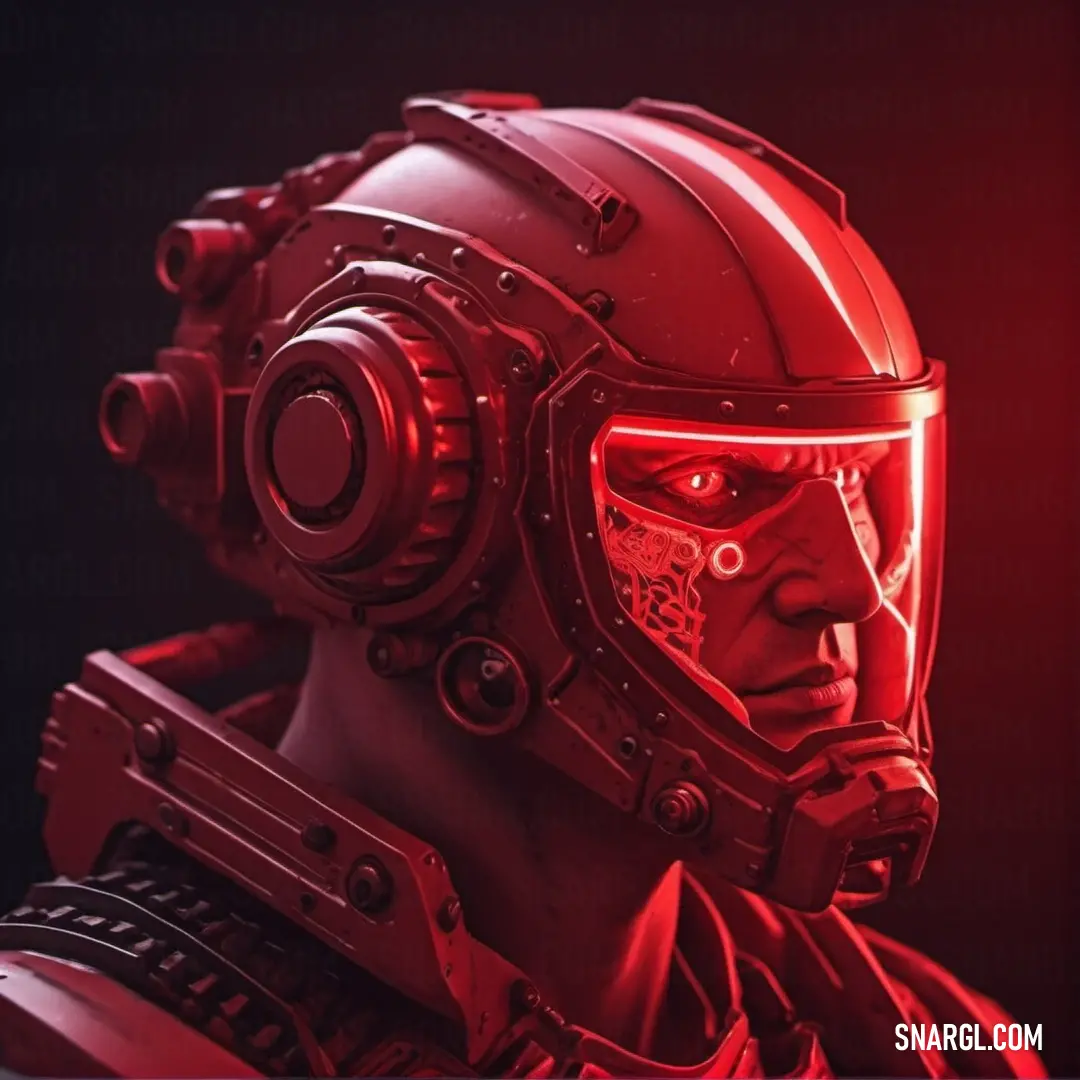 Man in a red helmet with a red light on his face. Color CMYK 0,100,74,25.