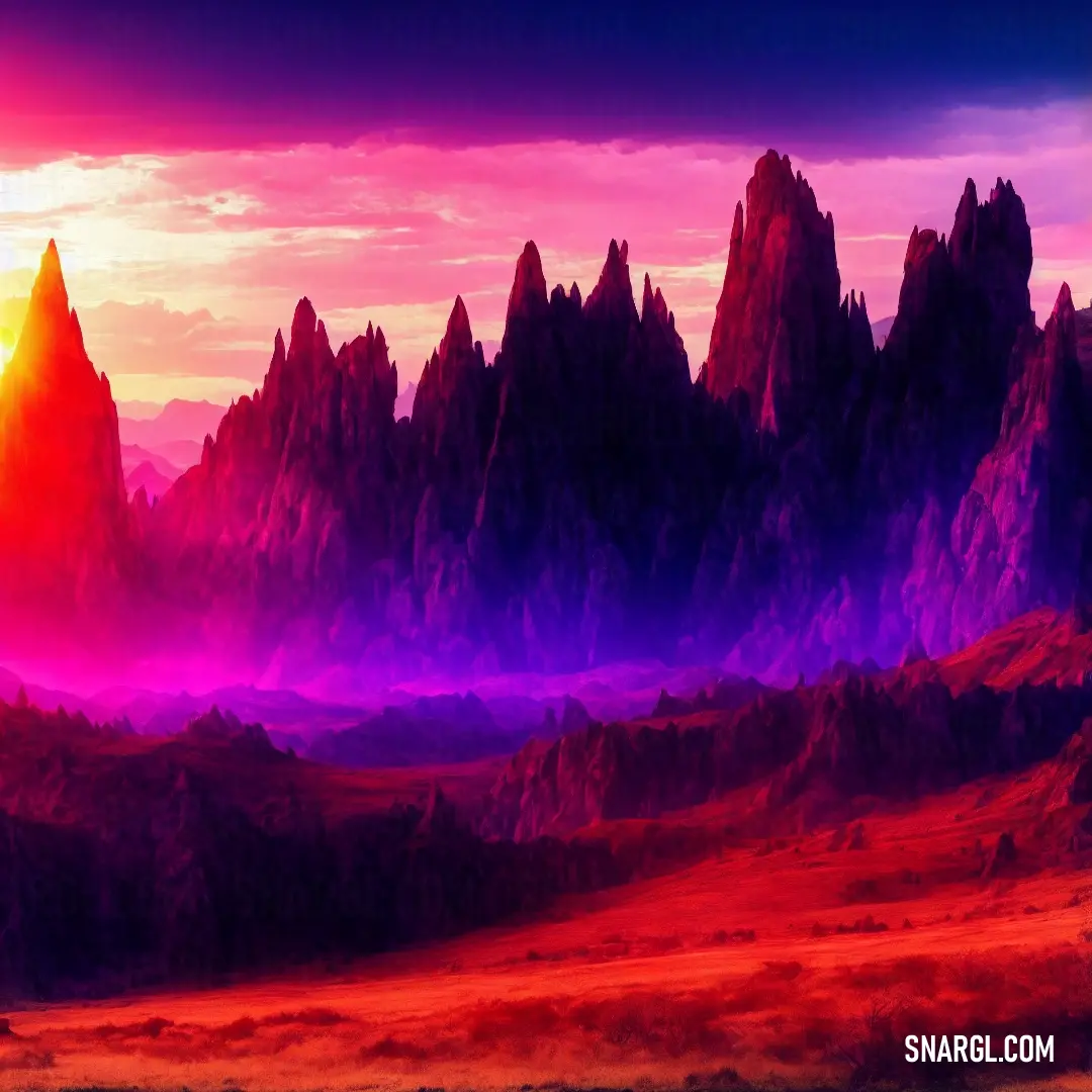 Painting of a mountain range with a sunset in the background and a red and purple sky in the foreground. Example of CMYK 0,100,74,25 color.