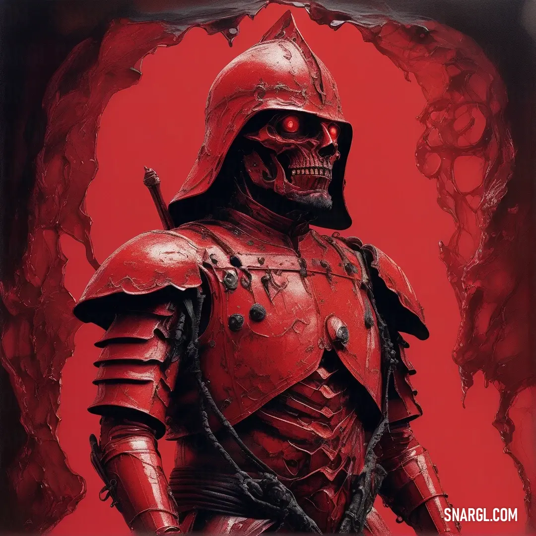 Red painting of a knight with a skull on his chest and helmet on, with a red background. Example of Crimson glory color.