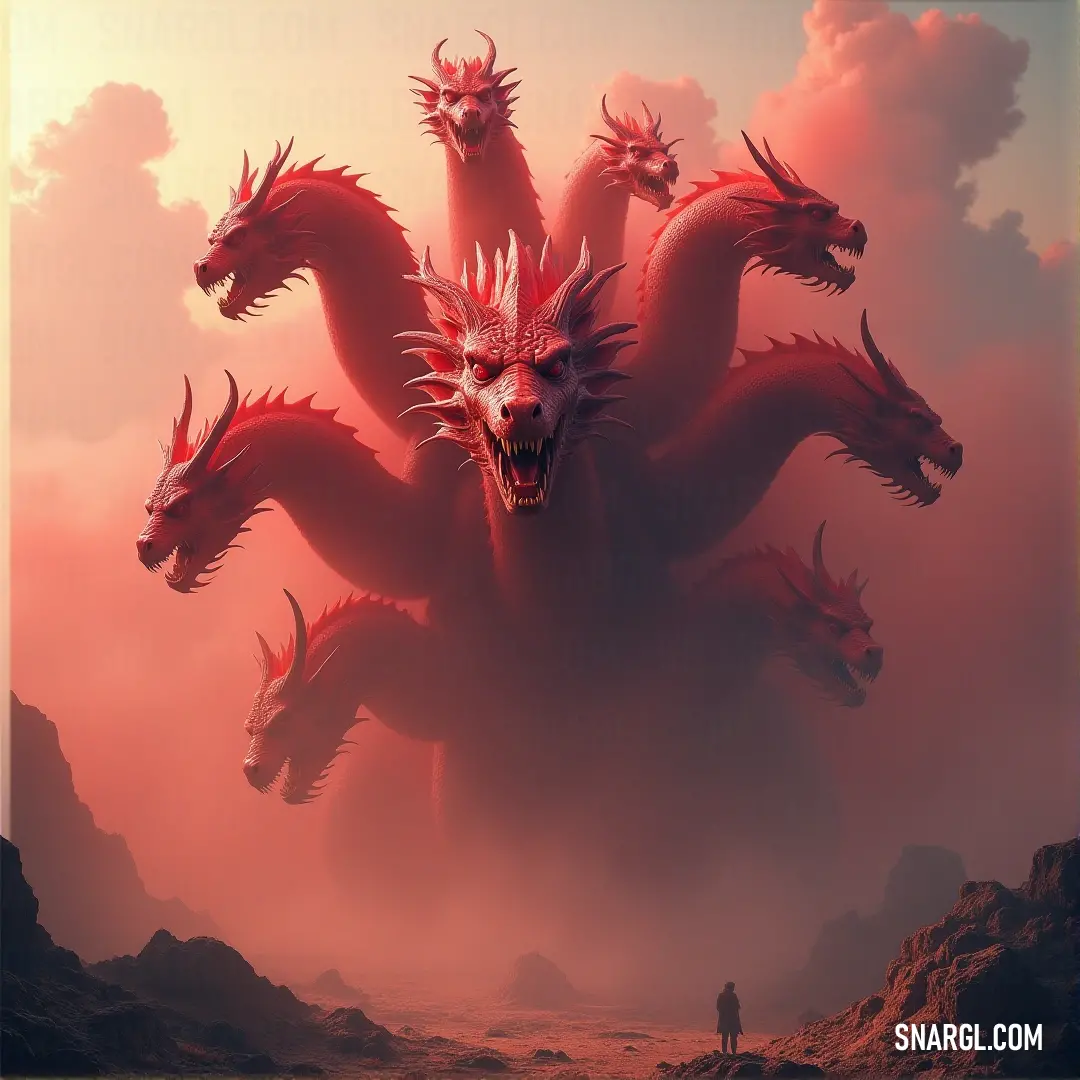 A mighty red dragon with multiple heads rises into the sky, its massive wings unfurled. Below, a Crimson Hydra stands strong, preparing for the epic battle that looms between them.