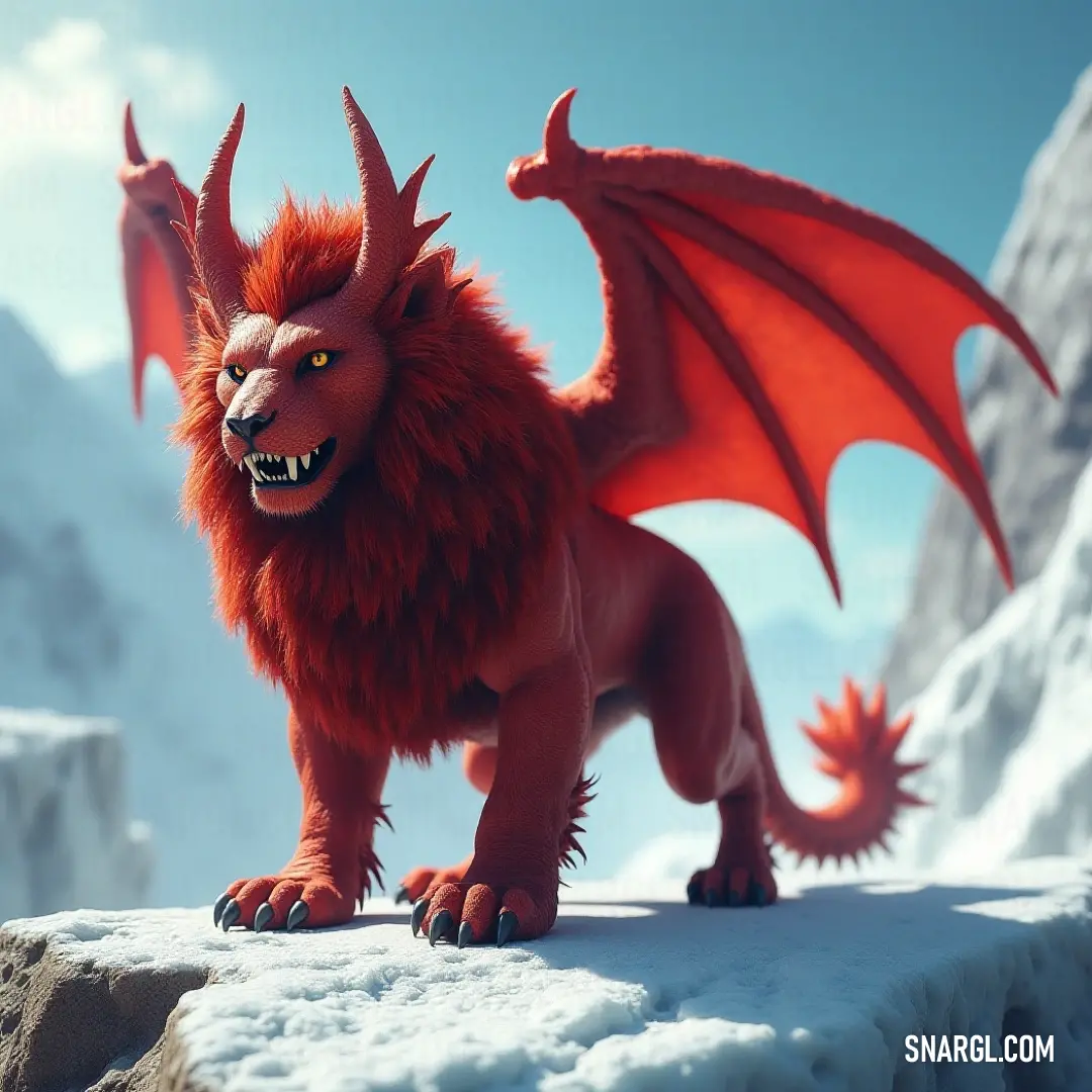 The Red Crimson Manticore commands attention as it stands upon a snowy rock, ensconced by towering mountains that rise majestically in the background, evoking the spirit of adventure and exploration. Standing proudly on a snow-covered rock, the Red Crimson Manticore gazes into the distance, framed by majestic mountains, embodying strength and nobility against a stunning winter landscape.