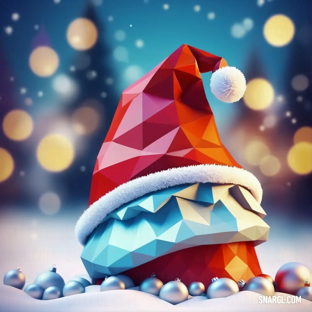 Colorful christmas hat with a red and blue design on it and balls around it and a blurry background. Color CMYK 0,100,100,40.