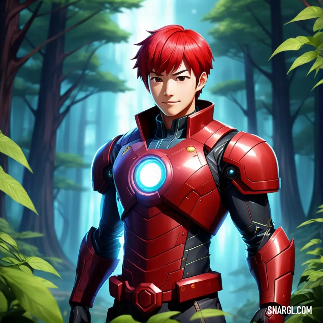 Man in a red suit standing in a forest with a light on his chest. Color #990000.