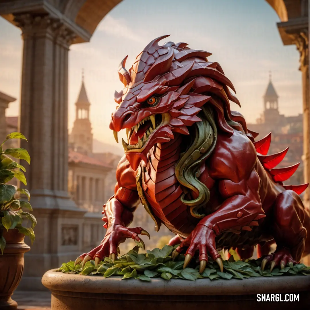 Statue of a dragon in a courtyard with a view of a city in the background. Example of RGB 153,0,0 color.