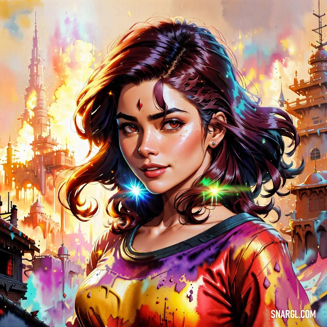 Woman with a colorful dress and a city in the background. Example of #990000 color.