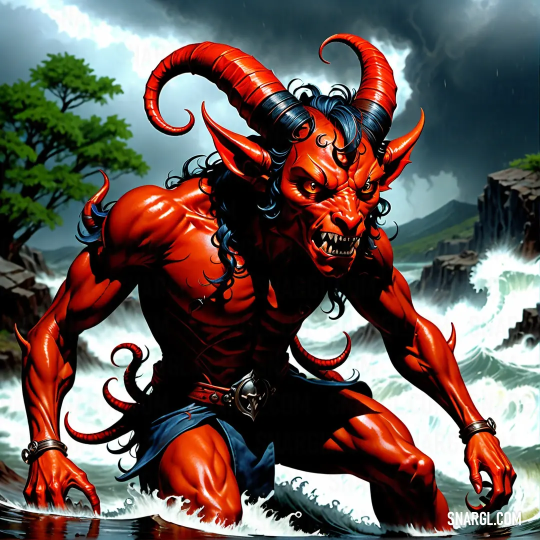 Red demon with horns and a beard is standing in the water with his hands in his pockets. Example of RGB 153,0,0 color.