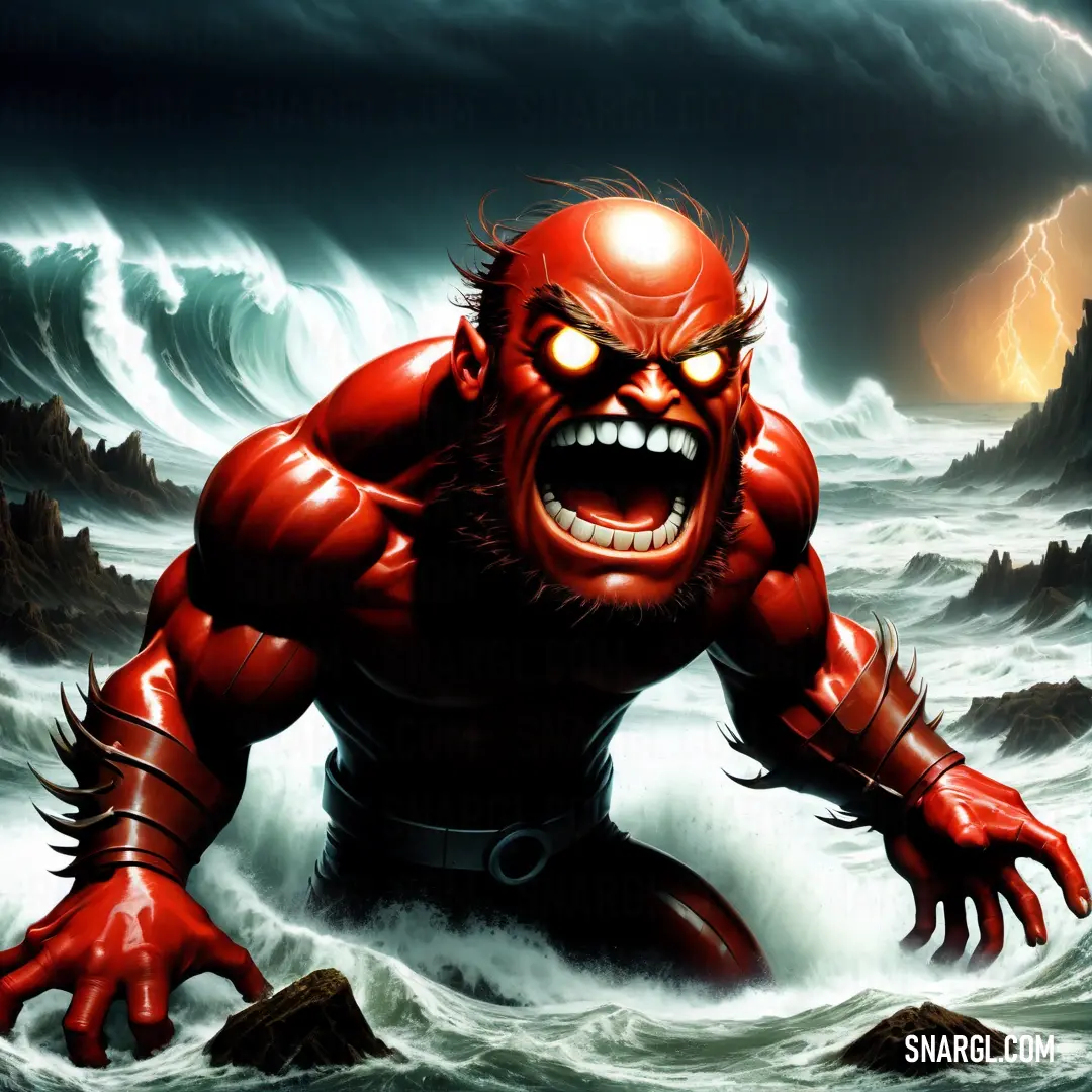 Red monster with a huge mouth and a lightning in the background. Color CMYK 0,100,100,40.