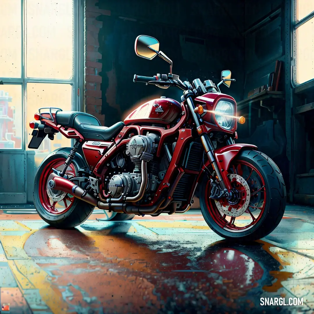 Red motorcycle parked in a garage next to a window with a light on it's side and a red light on the front. Example of RGB 153,0,0 color.
