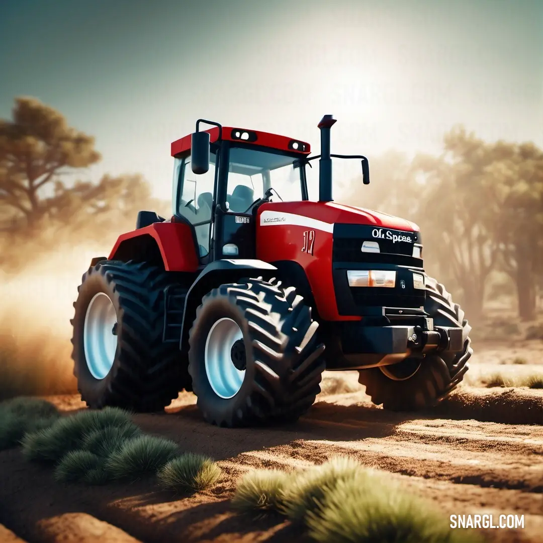 Red tractor driving through a desert landscape with trees in the background. Color RGB 153,0,0.