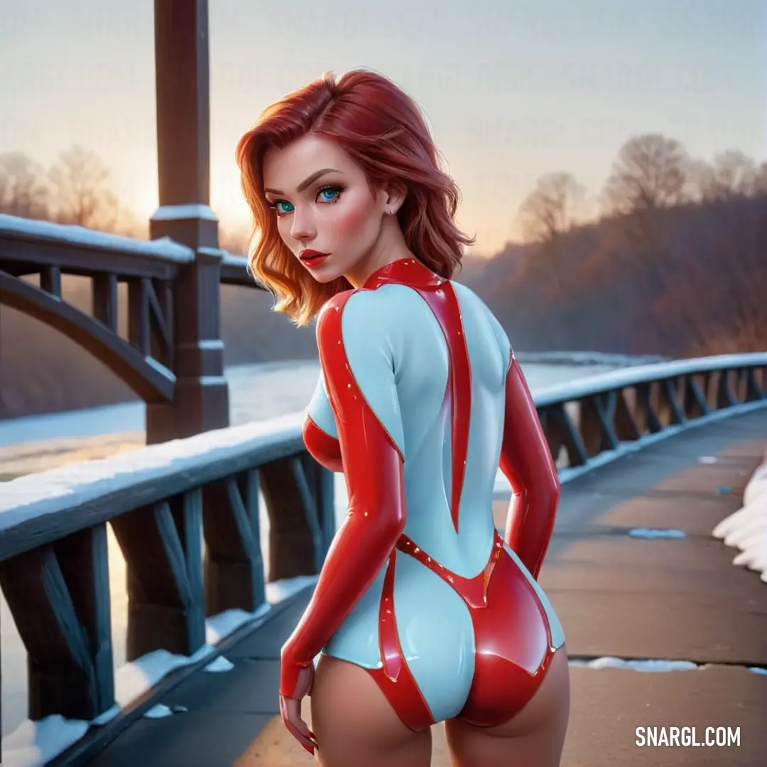 Crimson Red color. Woman in a red and white body suit standing on a bridge next to a body of water