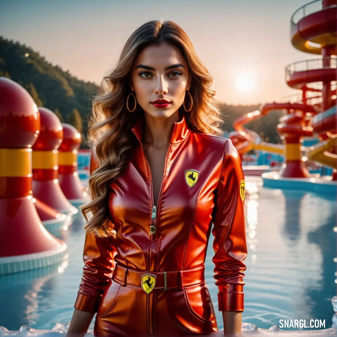 Crimson Red color example: Woman in a red leather suit standing in front of a pool with a slide in the background