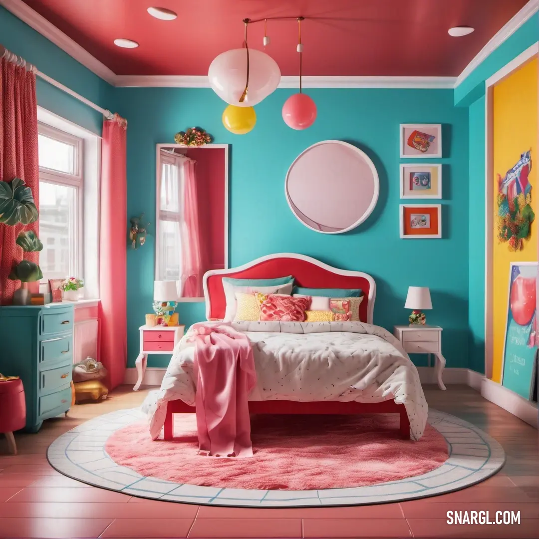 Crimson color example: Bedroom with a pink and blue color scheme and a pink rug on the floor