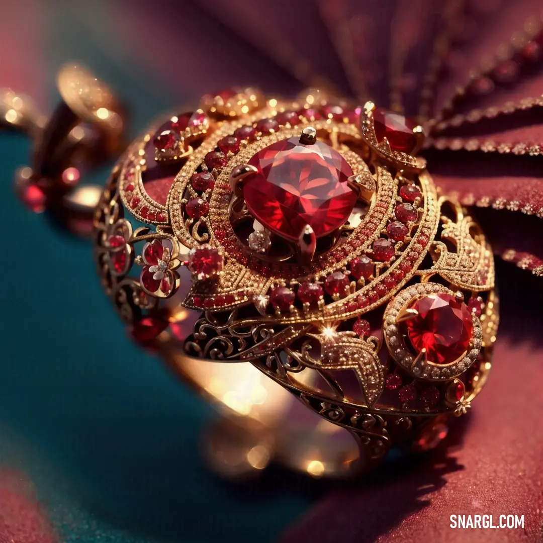 Close up of a ring with a red stone on it's center piece and a pink background