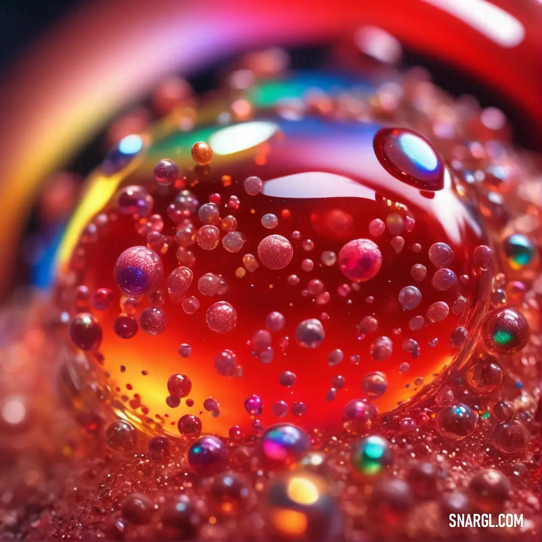 Close up of a red liquid with a rainbow background. Color Crimson.