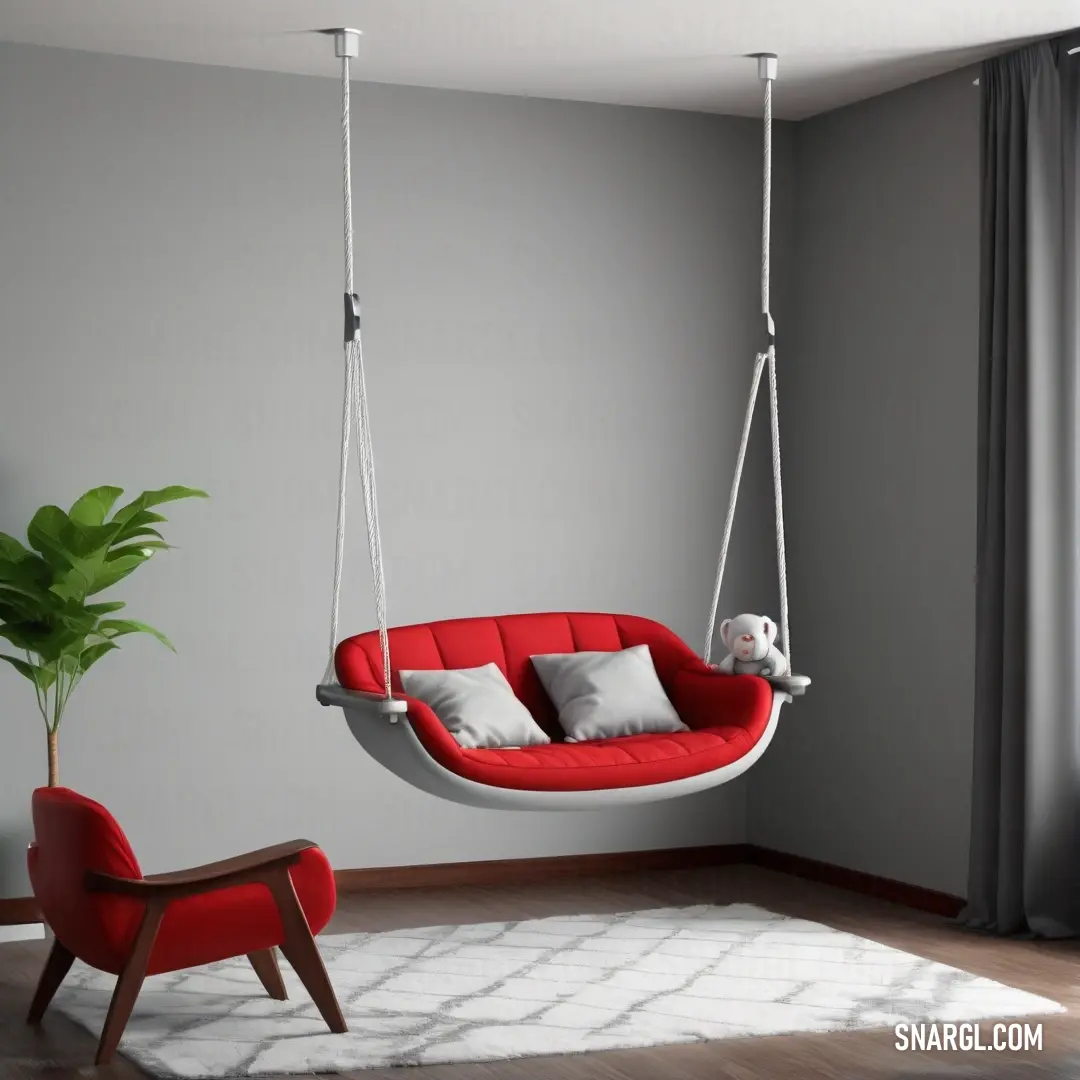 Crimson color example: Red swing chair hanging from a ceiling in a living room with a white rug and a potted plant
