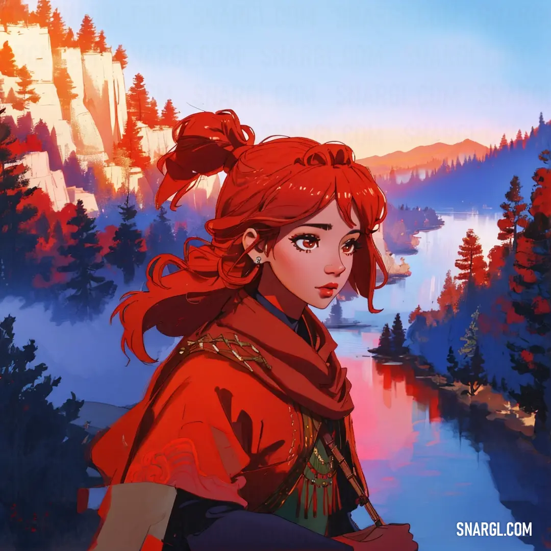 Woman with red hair and a red scarf on her head is standing in front of a lake and mountains. Example of CMYK 0,91,73,14 color.