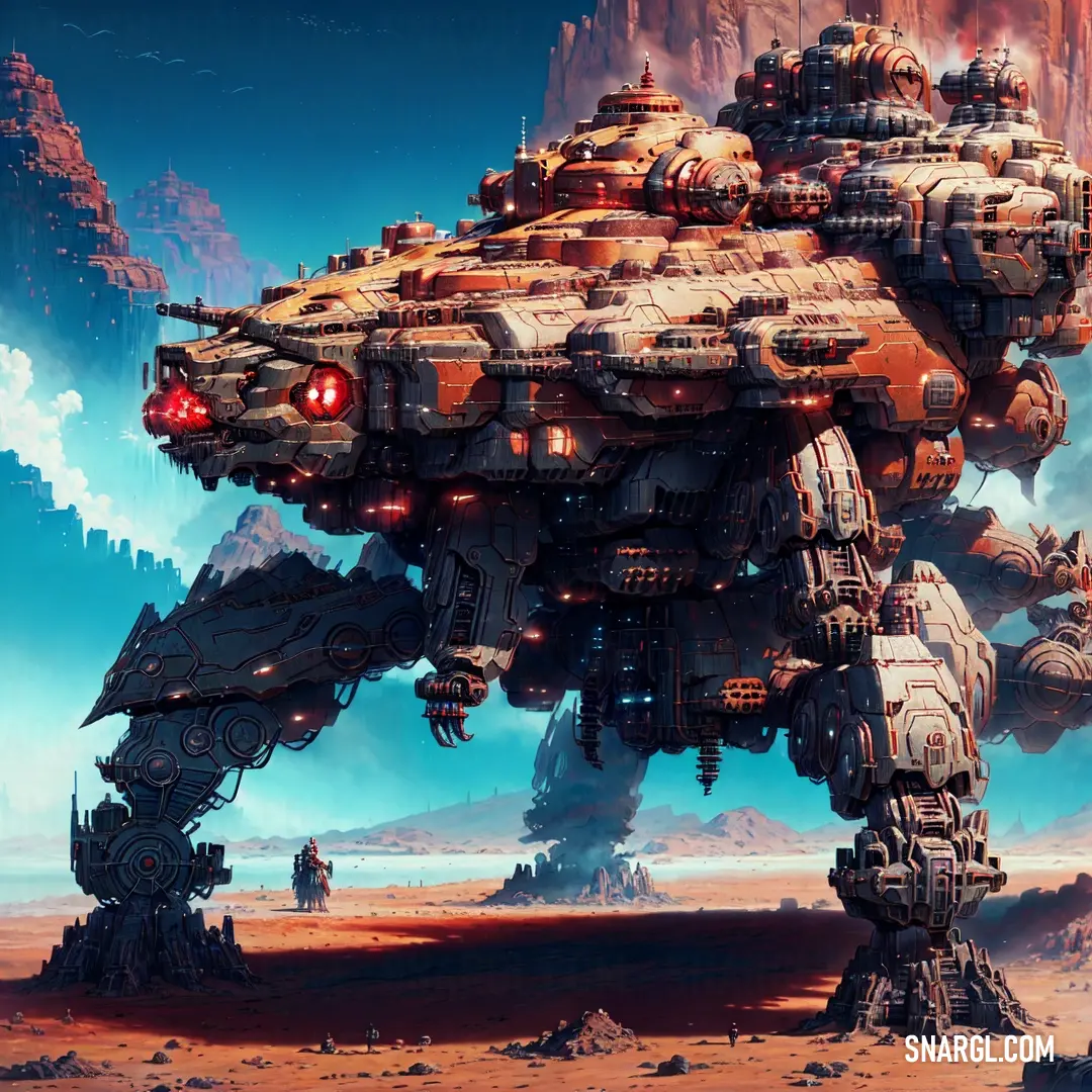 Futuristic space station with a giant robot like structure in the middle of a desert landscape with a mountain in the background