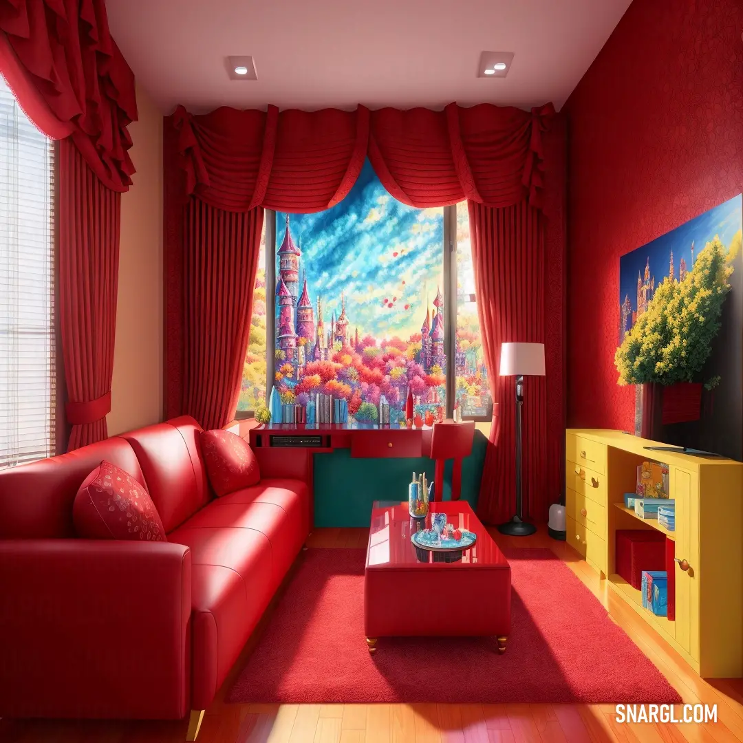 Living room with a red couch and a painting on the wall behind it and a red rug on the floor