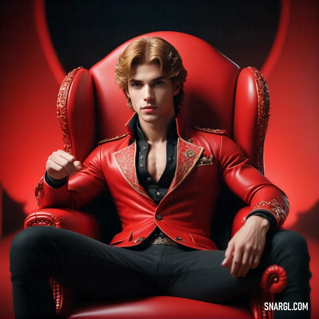 Man in a red suit in a red chair with his hands on his hips and his legs crossed