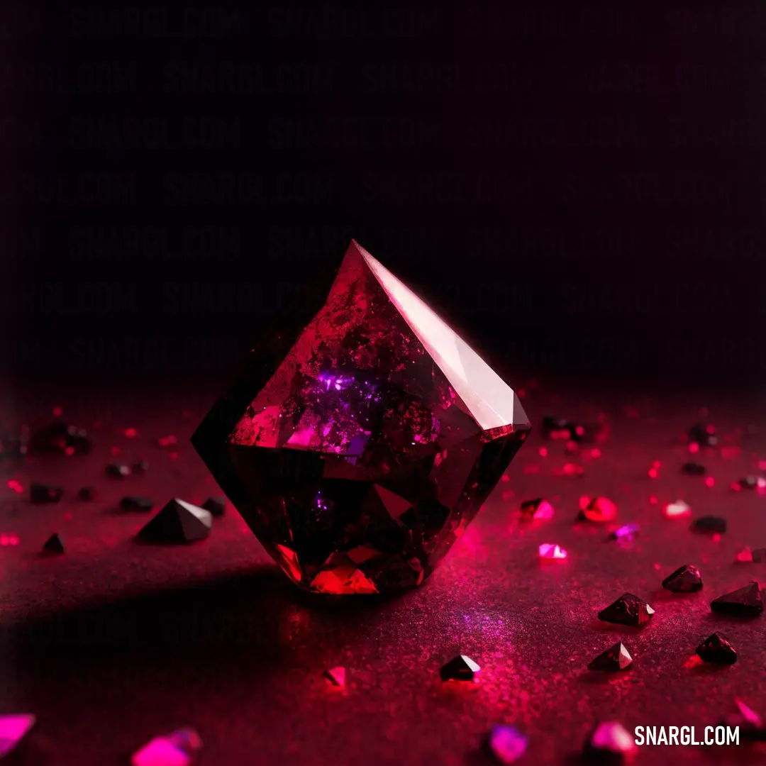 Pink diamond surrounded by pink and purple crystals on a black surface with scattered pink and purple stones around it
