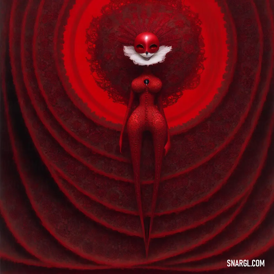 Red artwork with a white bird on top of it's head and a red circle around it