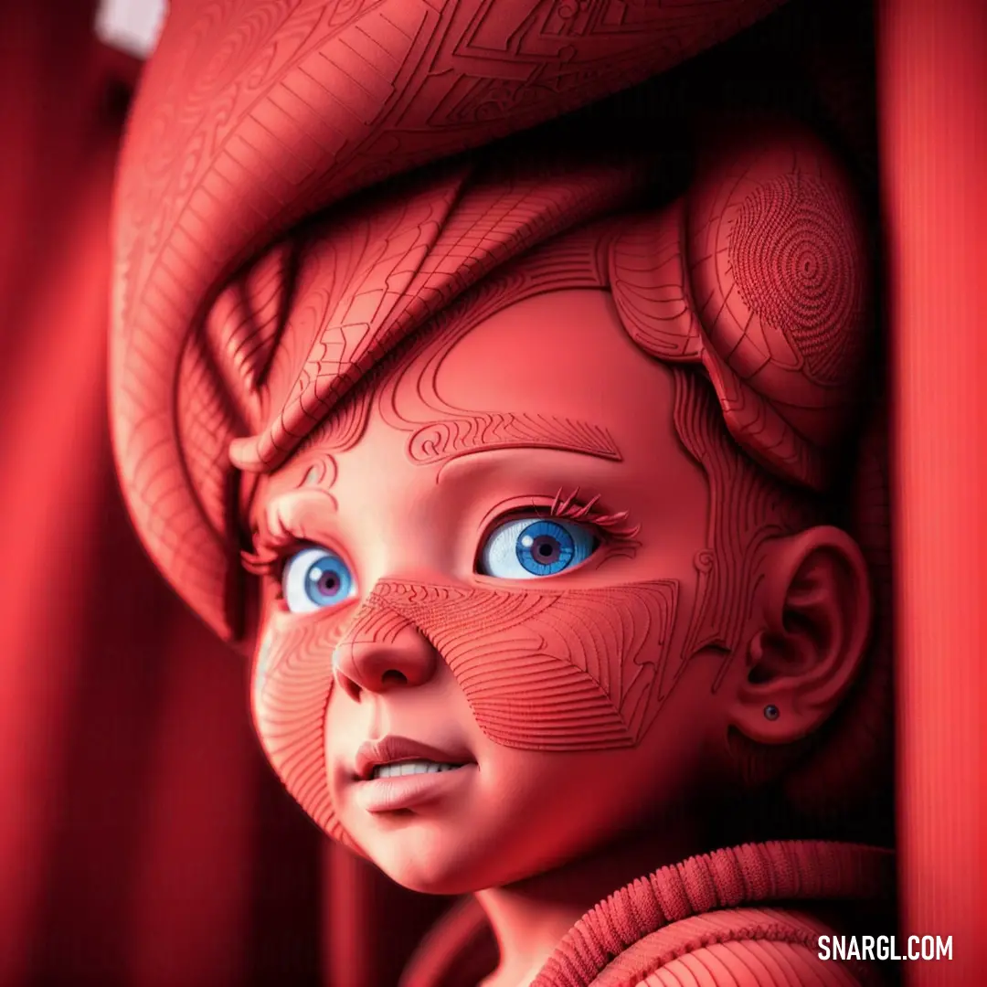 Red doll with blue eyes peeking out from behind a red curtain with a red curtain behind it
